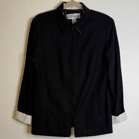 Jessica Howard Jackets & Blazers - Jessica Howard Vintage Black Linen Blend‎ Zip Up Jacket Contrast Cuff Size 12
